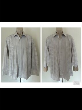 English Laundry Men Casual Shirt White Brown Striped Button Down Sz 17 1/2 34/35